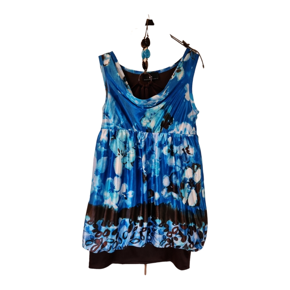 Girls IZ Byer Sleeveless Top w/attach necklace Size 7 Black & Blue Floral Print
